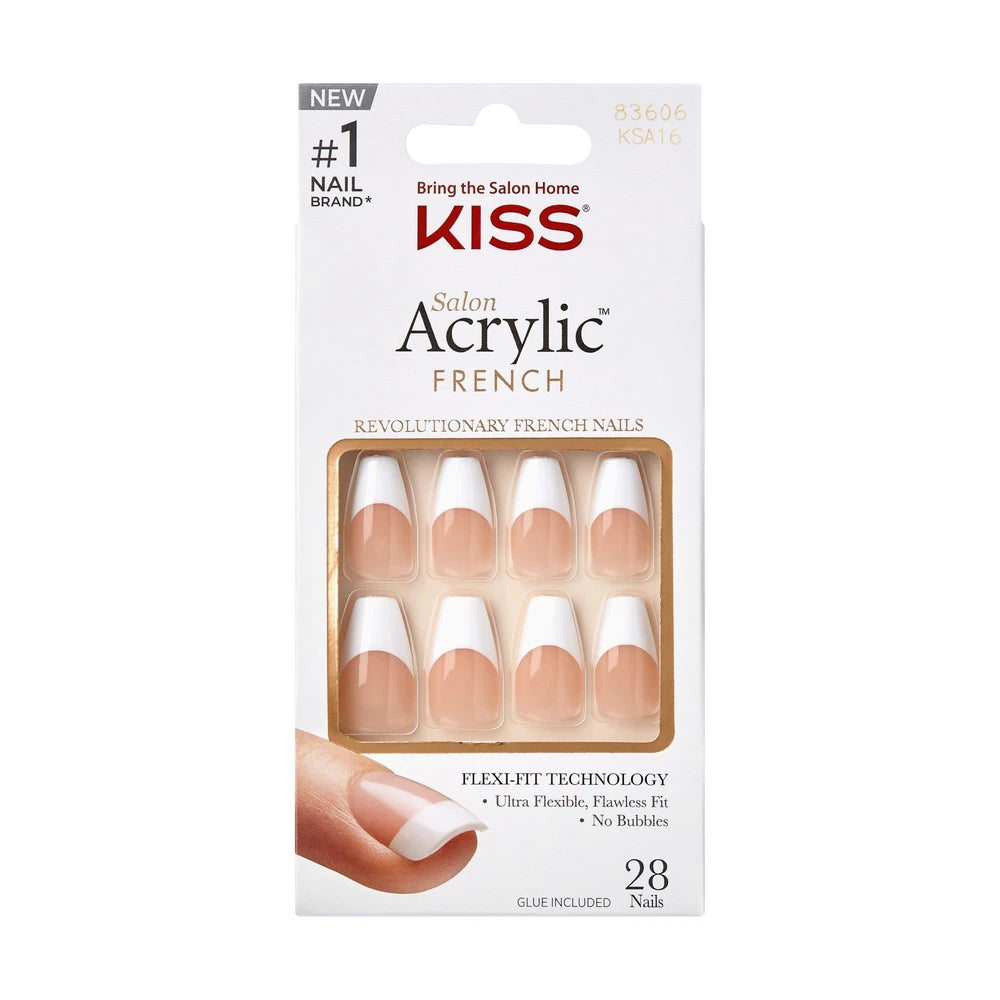 Kiss Salon Acrylic Medium Coffin Press-on Nails with Glue, White French, 28 Pieces (Pack of 36)