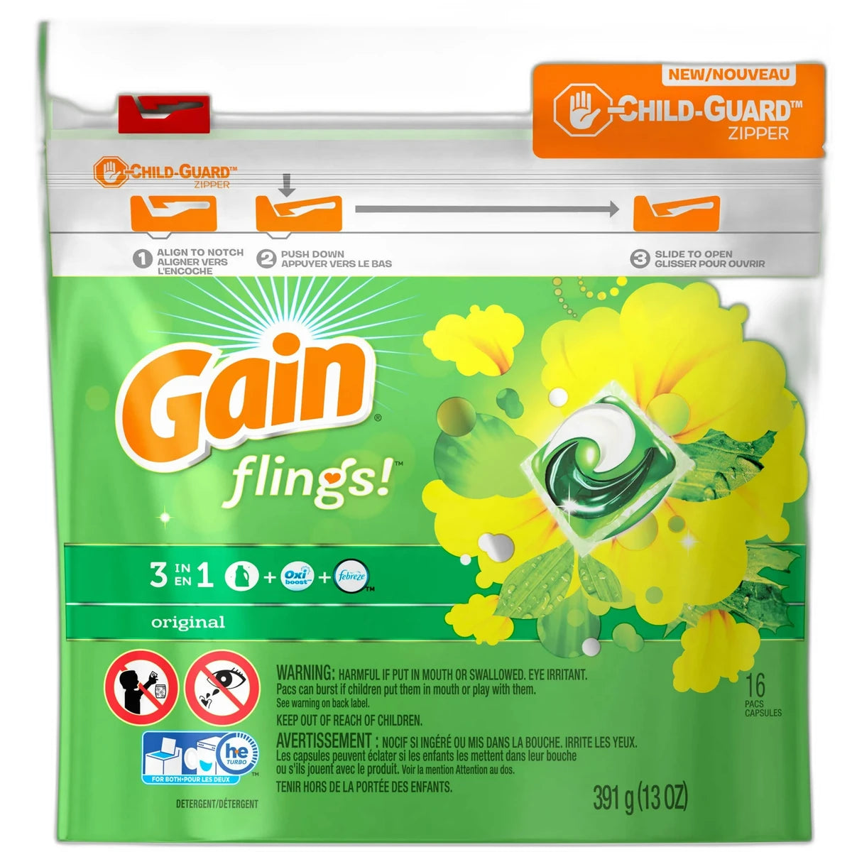 Gain Flings 3 in 1 Plus Aroma Boost Detergent Original 16 Pack Capsules 6 pack 13Oz (Pack of 6)