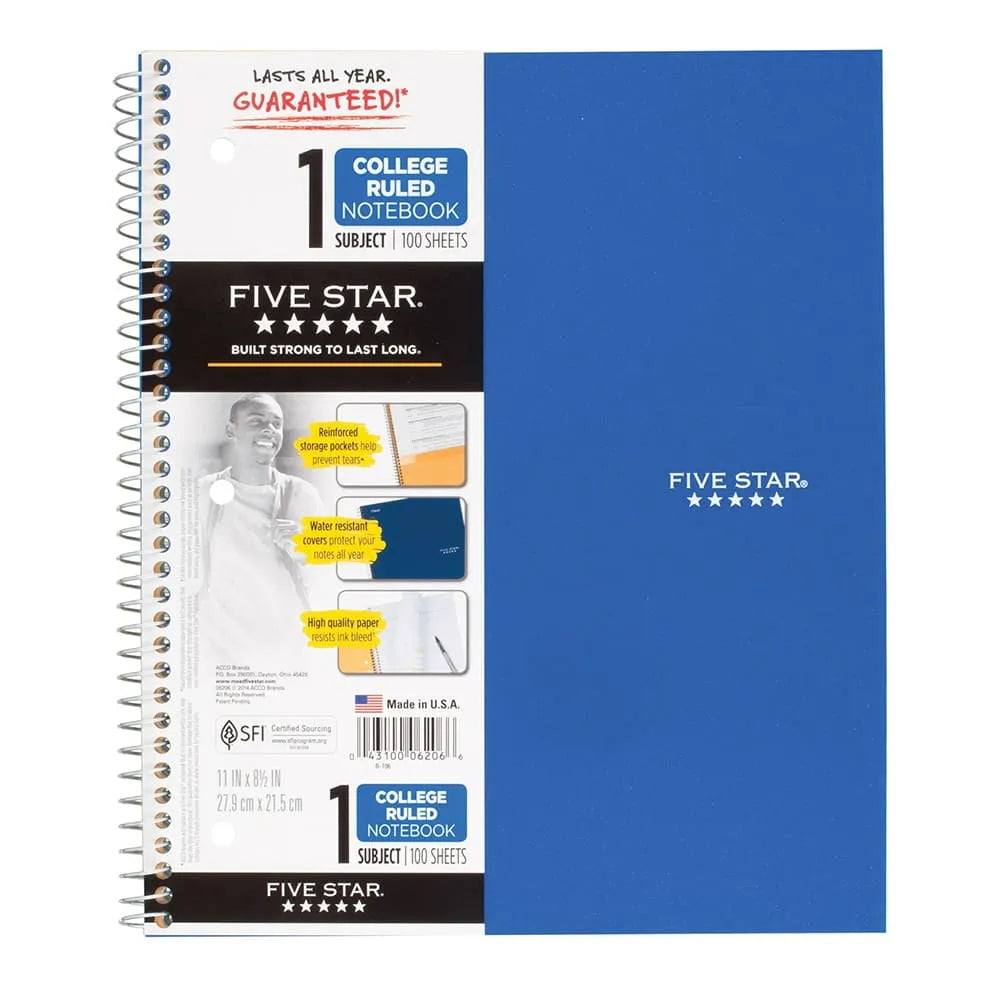 Mead Five Star 1 Subject College Ruled Notebook 100 Sheets Assorted Colors 15.3oz (Pack of 12)