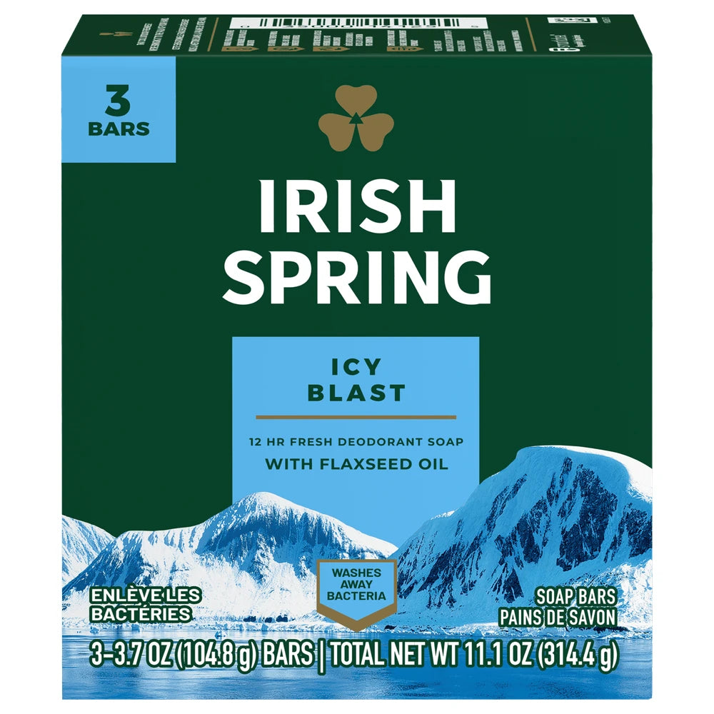 Irish Spring Icy Blast Refreshing Bar Soap 3 Bar Pack 11.1 Oz (Pack of 18)