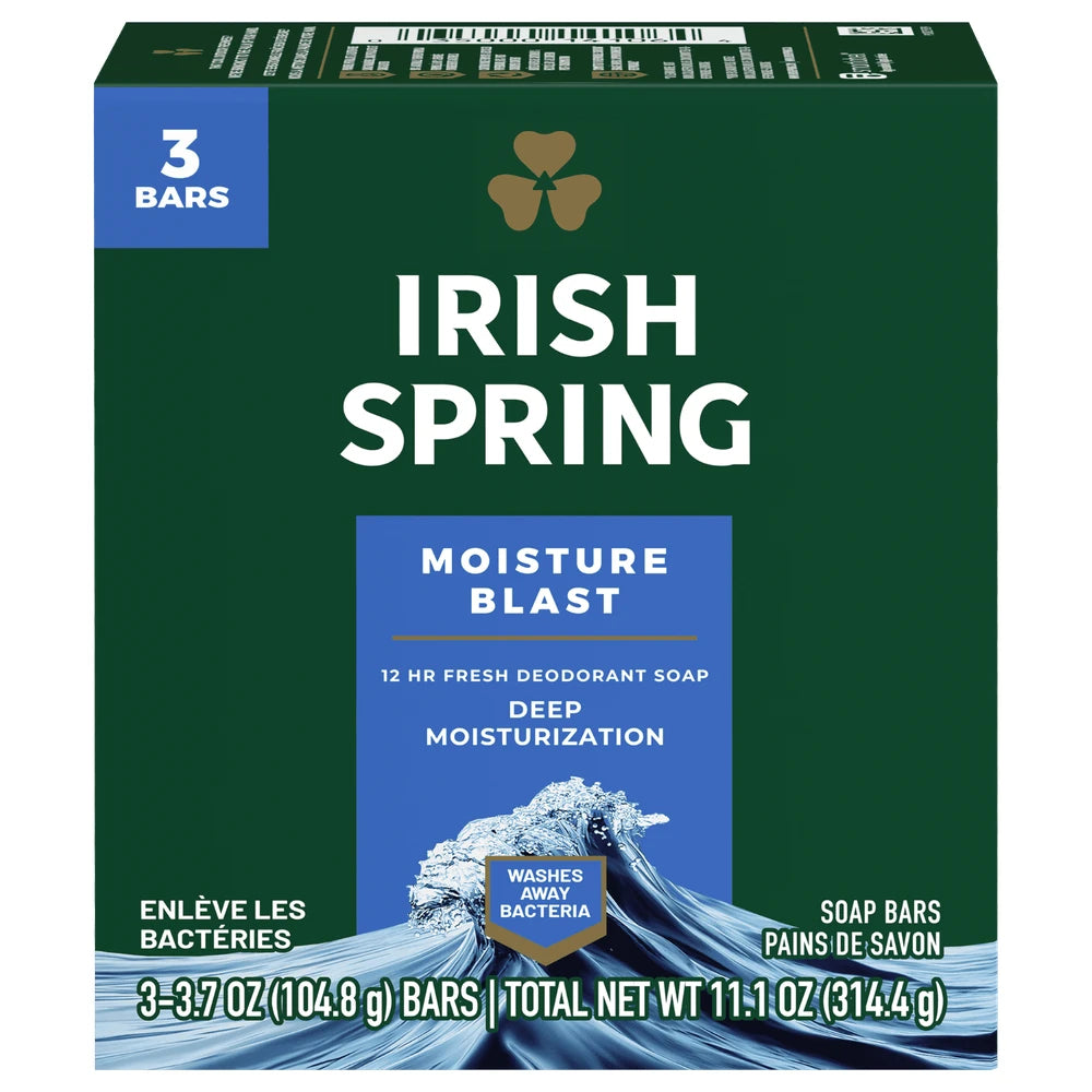 Irish Spring Moisture Blast Moisturizing Bar Soap for All Skin Types 3 Count 11.1oz (Pack of 18)