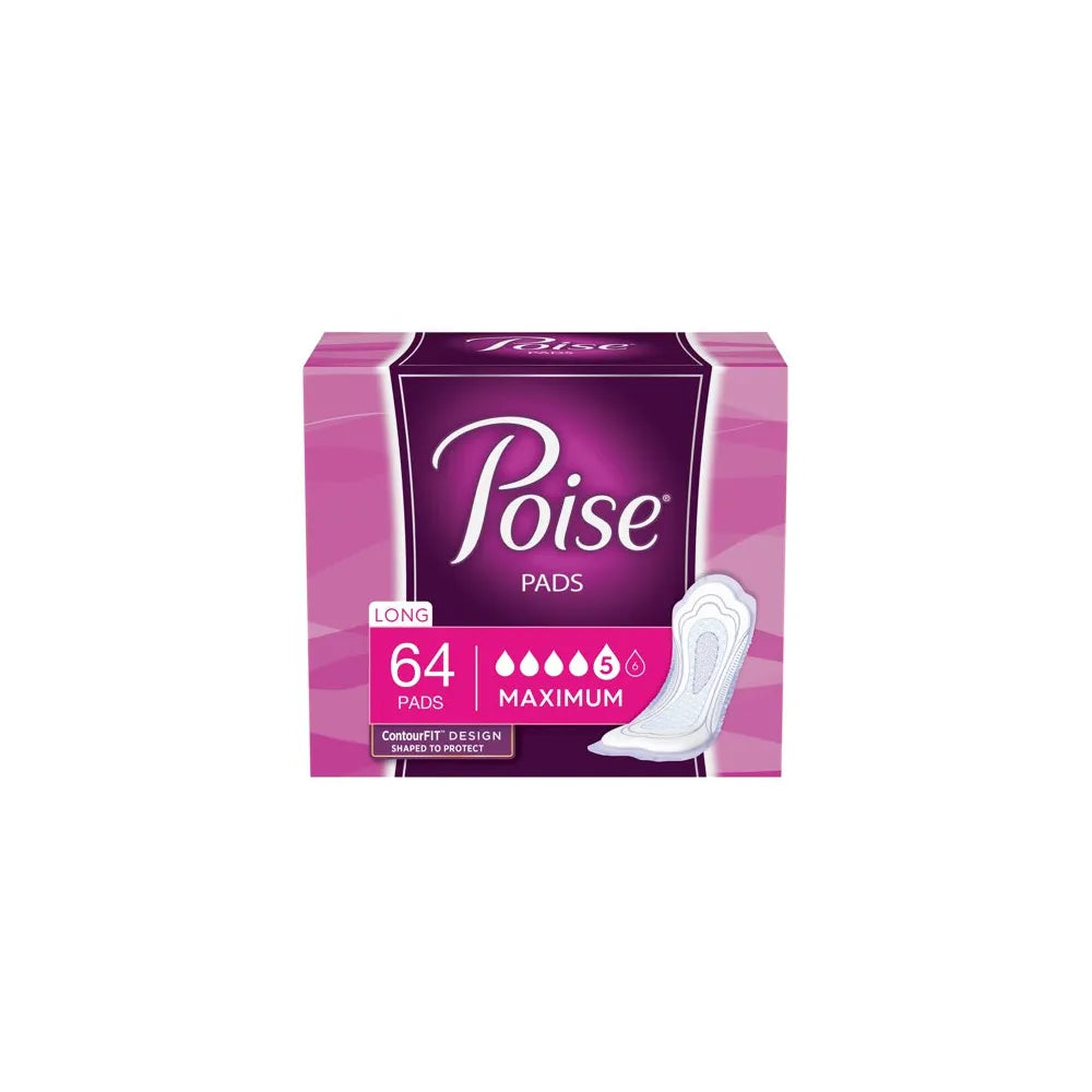 Poise Incontinence Pads & Postpartum Incontinence Pads 5 Drop Maximum Absorbency Long Length 64 Count 16oz (Pack of 2)