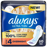 Always Ultra Thin Pads Size 4 Overnight Absorbency Unscented with Wings,11.84 oz 50 Ct (Pack of 3)