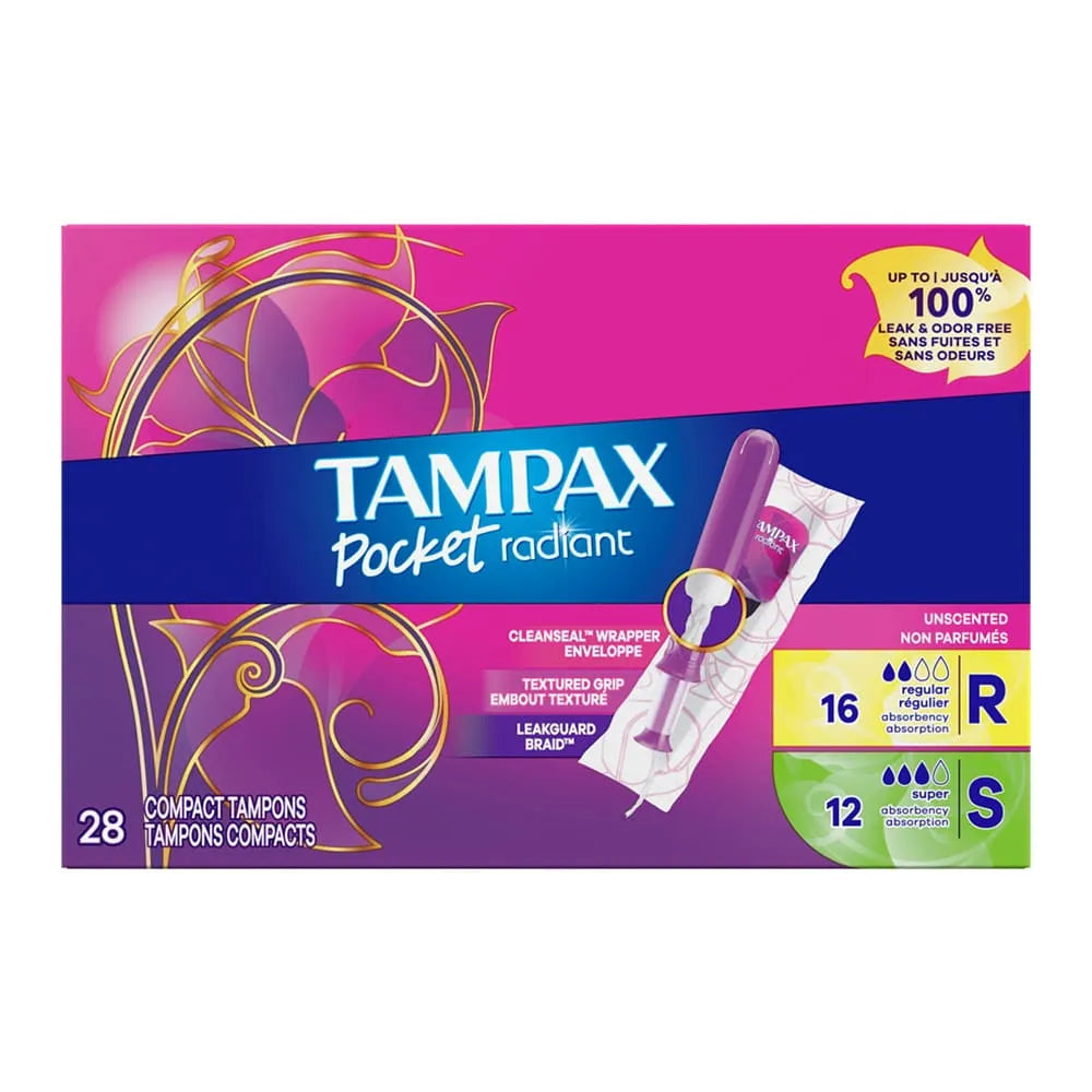 Tampax Pocket Radiant Compact Tampons Duo Pack Regular And Super Absorbency Unscented (Pack of 12)