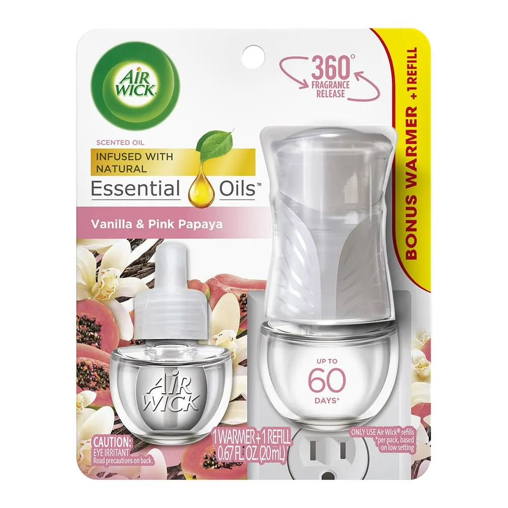 Air Wick Plug In Scented Oil Starter Air Freshener Kit Warmer And Refill Vanilla And Pink Papaya 0.67Oz (Pack Of 4)