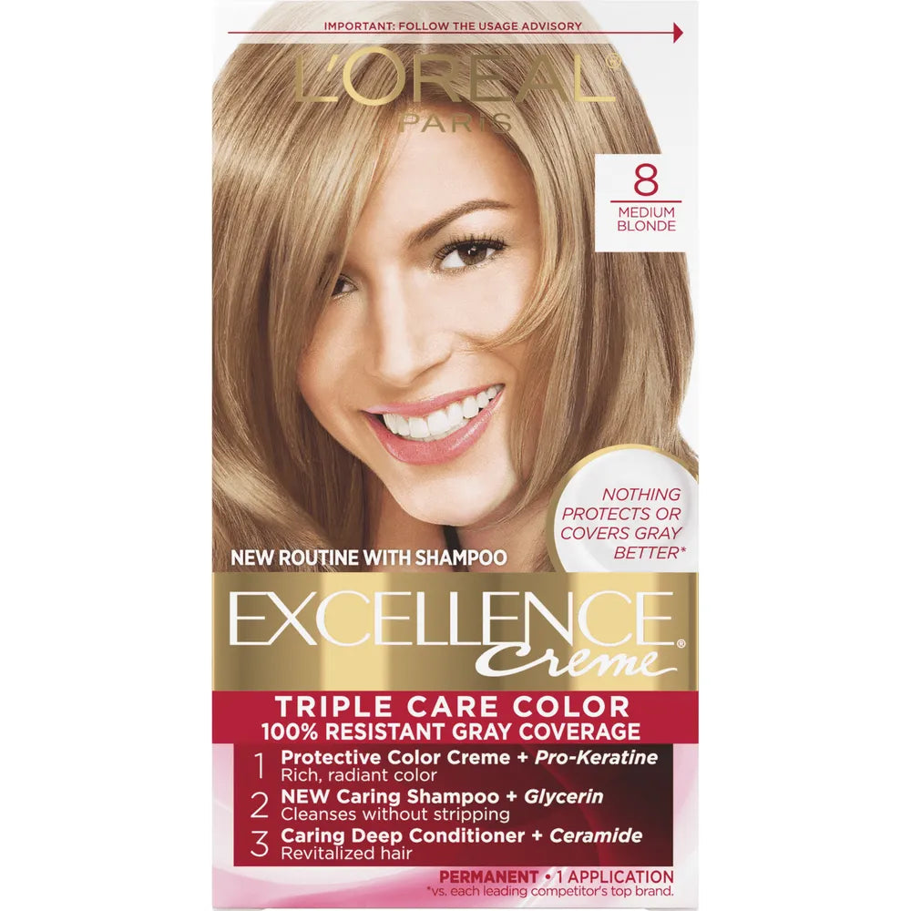 Loreal Excellence Triple Protection Hair Color Creme 8 Medium Blonde 1 Kit 10.4oz (Pack of 12)