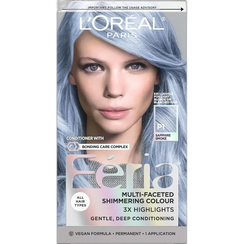 L'Oreal Paris Feria Shimmering Permanent Hair Color P1 Sapphire Smoke 9.6oz (Smokey Blue) 1 Kit (Pack of 12)