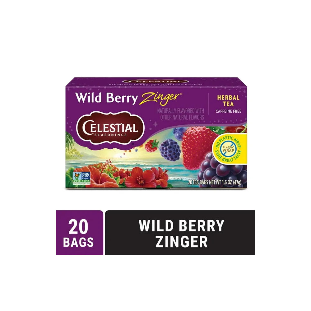 Celestial Seasonings Caffeine Free Wild Berry Zinger Natural Herbal Tea 20 Bags 1.7Oz (Pack Of 6)