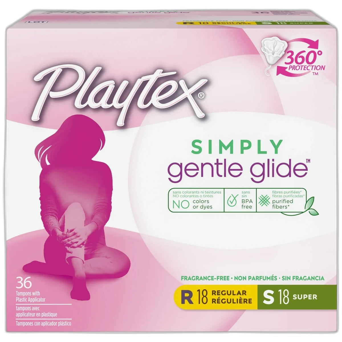 Playtex Simply Gentle Glid Multipack Plastic Tampons 18 Regular and 18 Super Fragrance Free 7.4oz (Pack of 12)