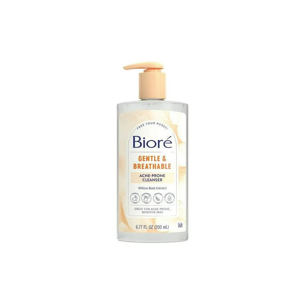 Biore Gentle & Breathable Acne Face Wash Gentle Face Cleanser for Women and Men Fragrance Free 6.77 Oz (Pack of 12)