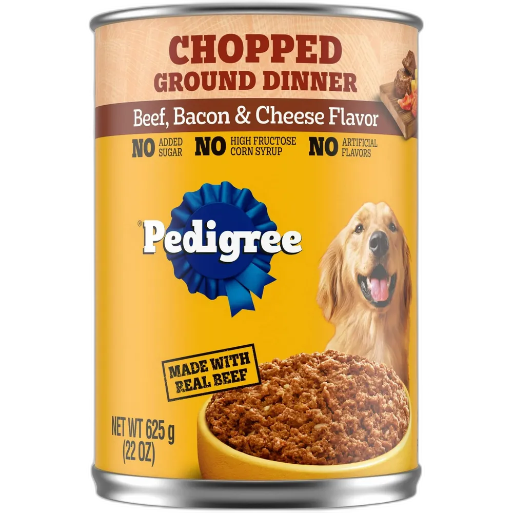 Pedigree Wet Chopped Ground Dinner Beef, Bacon & Cheese Flavor Dog Food 22oz Can (Pack of 12)