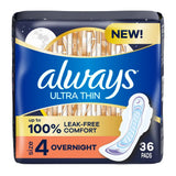 Always Ultra Thin Overnight Pads Unscented, Size 4, Overnight - 36.0 ea 12.6oz (Pack of 6)