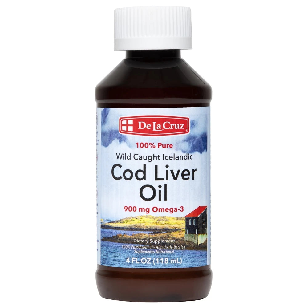 De La Cruz Cod Liver Oil Omega 3 Pure Fish Oil Supplement Liquid 4 Fl Oz (Pack of 12)