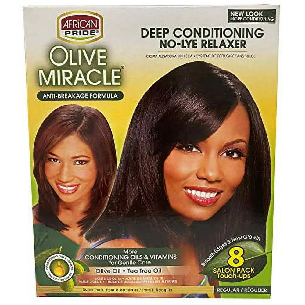 African Pride Olive Miracle Deep Conditioning No-Lye Relaxer - Regular Kit 8-Cou (Pack of 4)