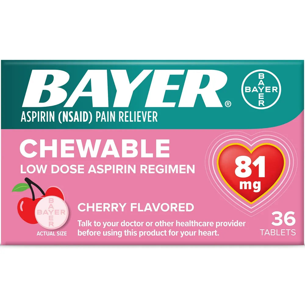 BAYER CHEWABLE ASPIRIN PAIN RELIEVER Low Dose Aspirin CHERRY FLAVORED 36 TABLETS 1.18oz (Pack of 36)