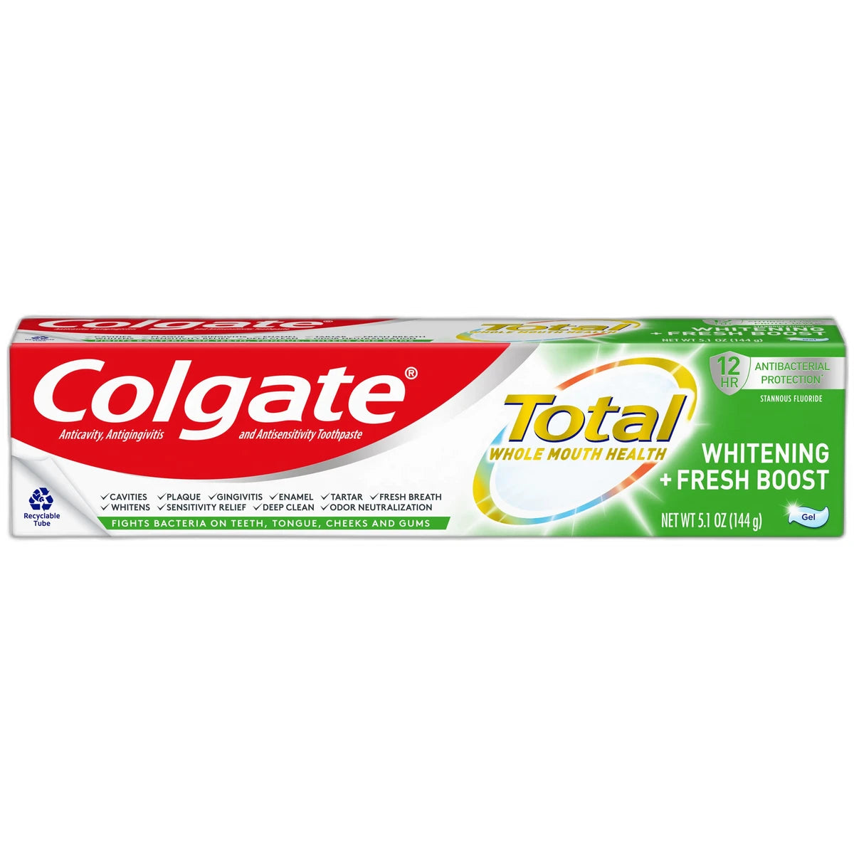 Colgate Total Whitening + Fresh Boost Toothpaste Gel Mint 5.1Oz (Pack of 24)