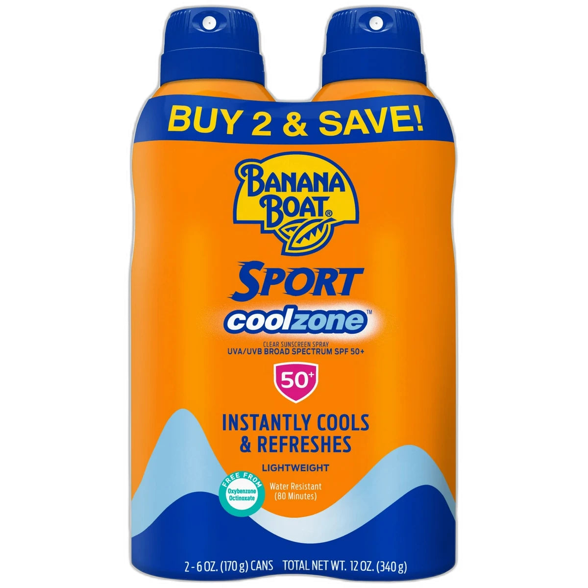 Banana Boat Sport Coolzone Clear Sunscreen Spray SPF 50 12Oz (Pack of 6)