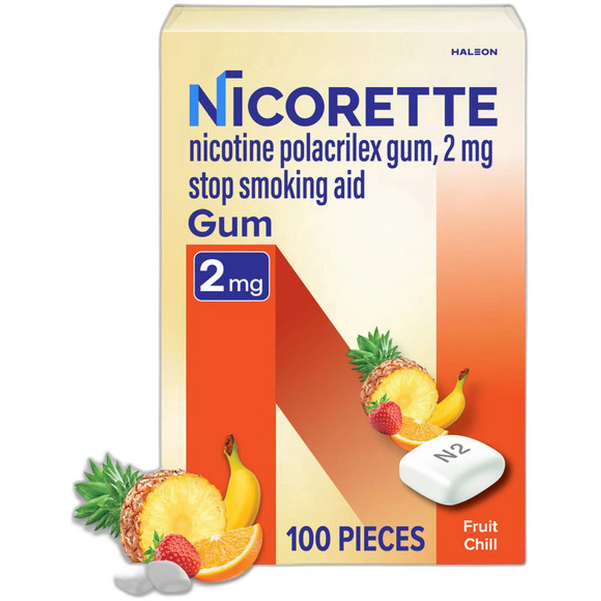 Nicorette 2mg Gum Stop Smoking Aid Fruit Chill 4Oz(Pack of 12)