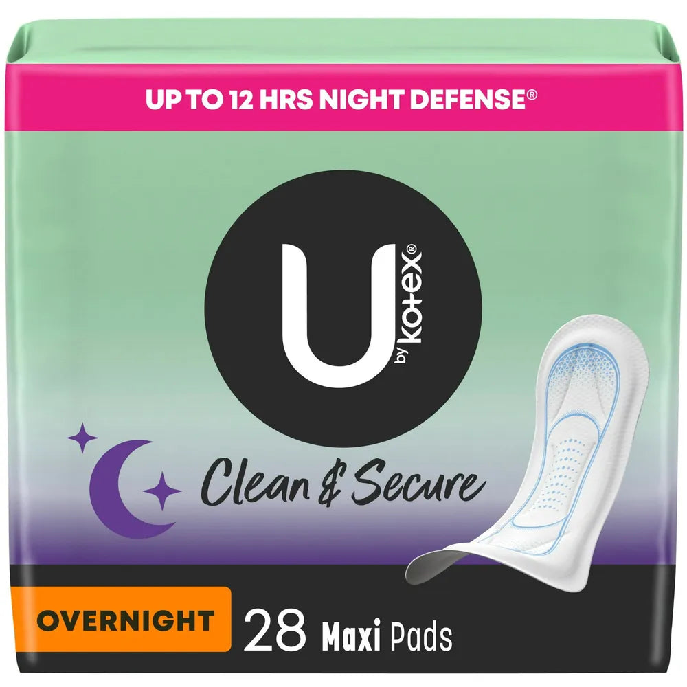 U by Kotex Clean & Secure Overnight Maxi Pads 28 Count 17.28oz (Pack of 4)