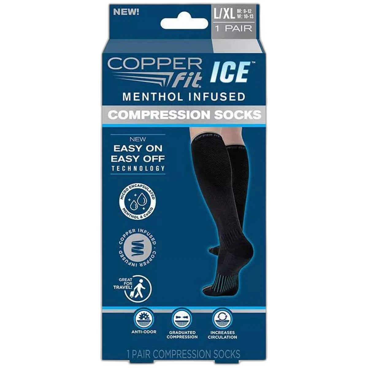 Copper Fit womens Ice Menthol Infused Compression Socks Black Large X 1 Pair 3.21Oz (Pack of 12)