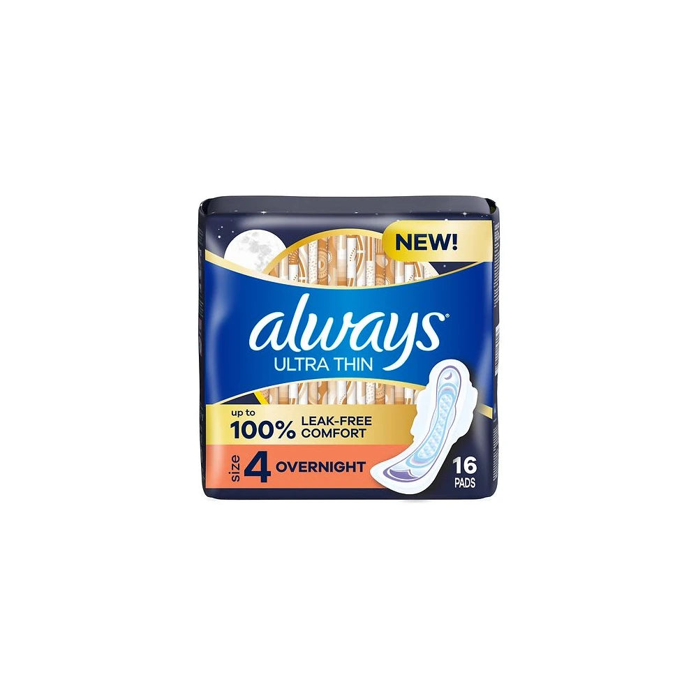 Always Ultra Thin Overnight Pads with Wings Size 4 Overnight Absorbency (Pack of 12)