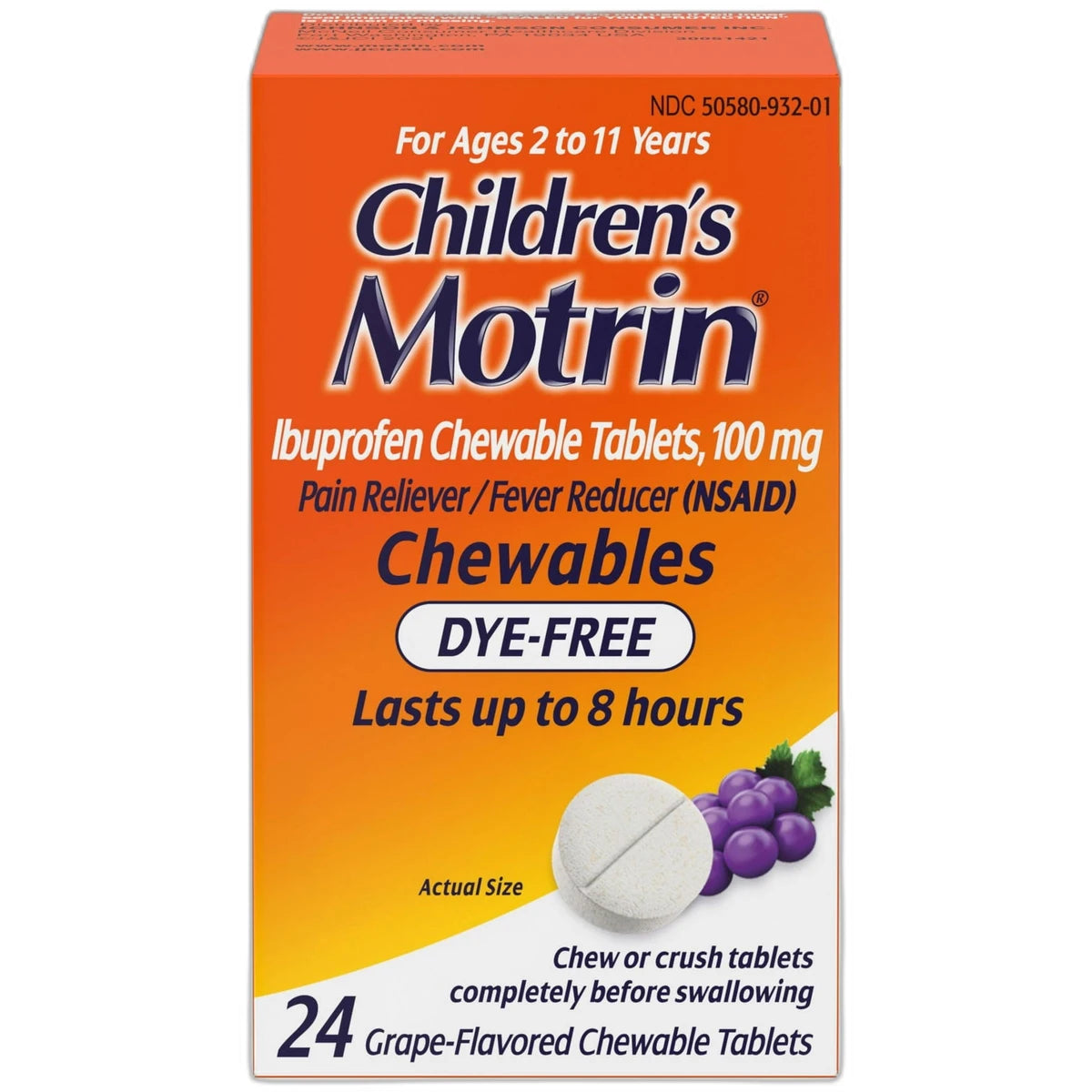 Childrens Motrin Dye Free Pain Reliever And Fever Reducer ChewableTablets Grape Flavor 4Oz (Pack of 24)