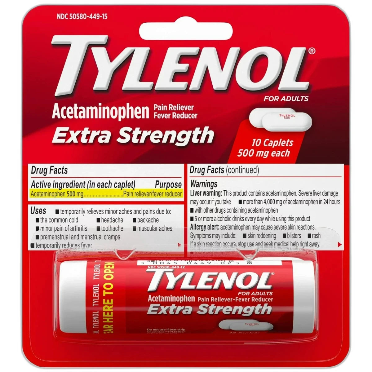 Tylenol Extra Strength Pain Reliever And Fever Reducer Caplets10 Ea 1.65Oz (Pack of 144)