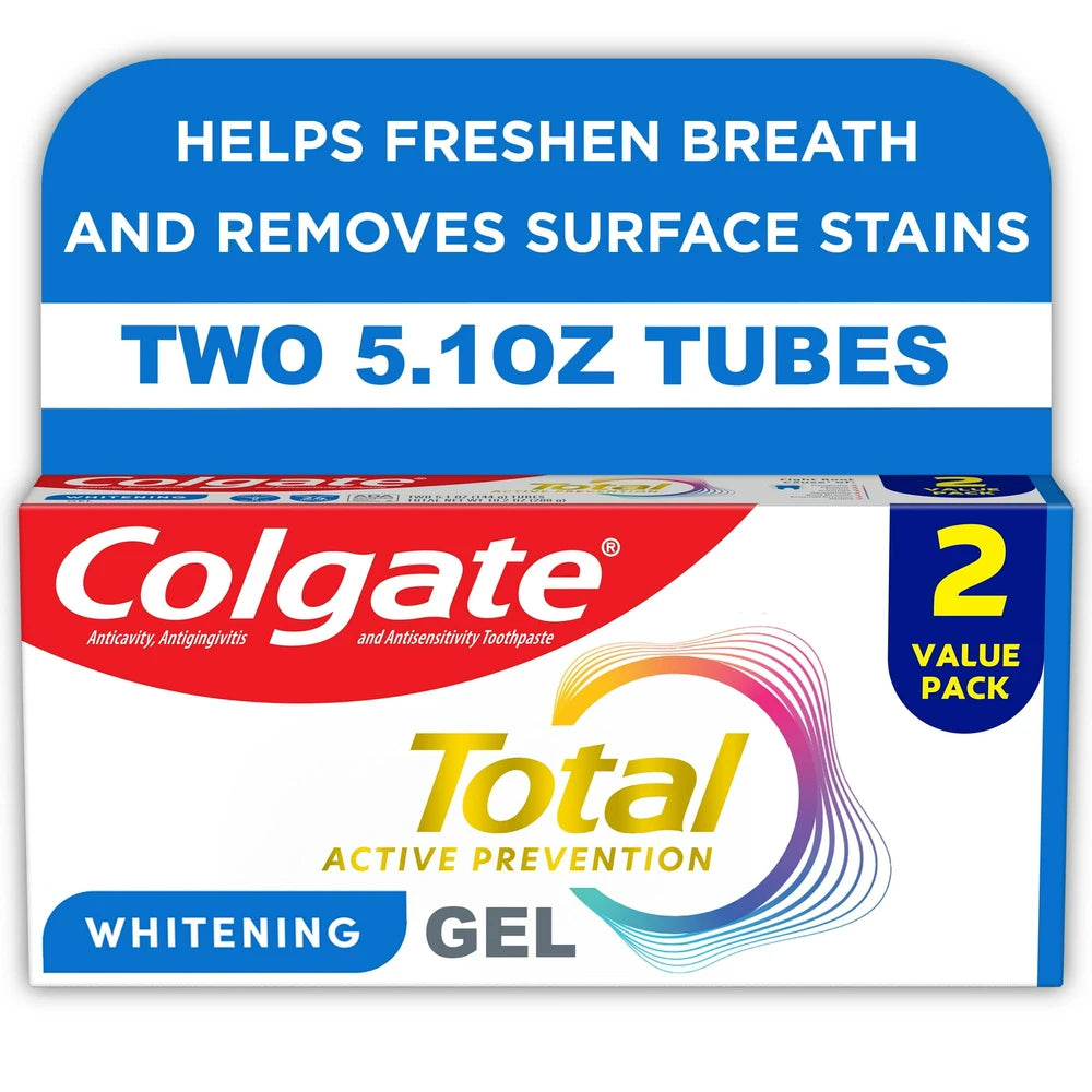 Colgate Total Active Prevention Whitening Gel Toothpaste Mint 2 Pack 5.1 oz (Pack of 12)