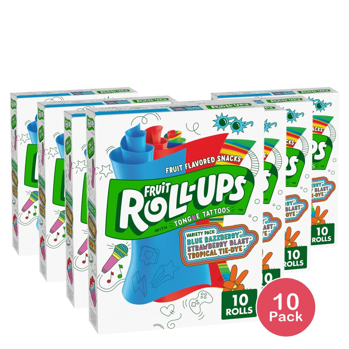 Fruit Roll-Ups Fruit Flavored Snacks, Variety Pack Strawberry, Tropical Tie Dye (Pack of 10)