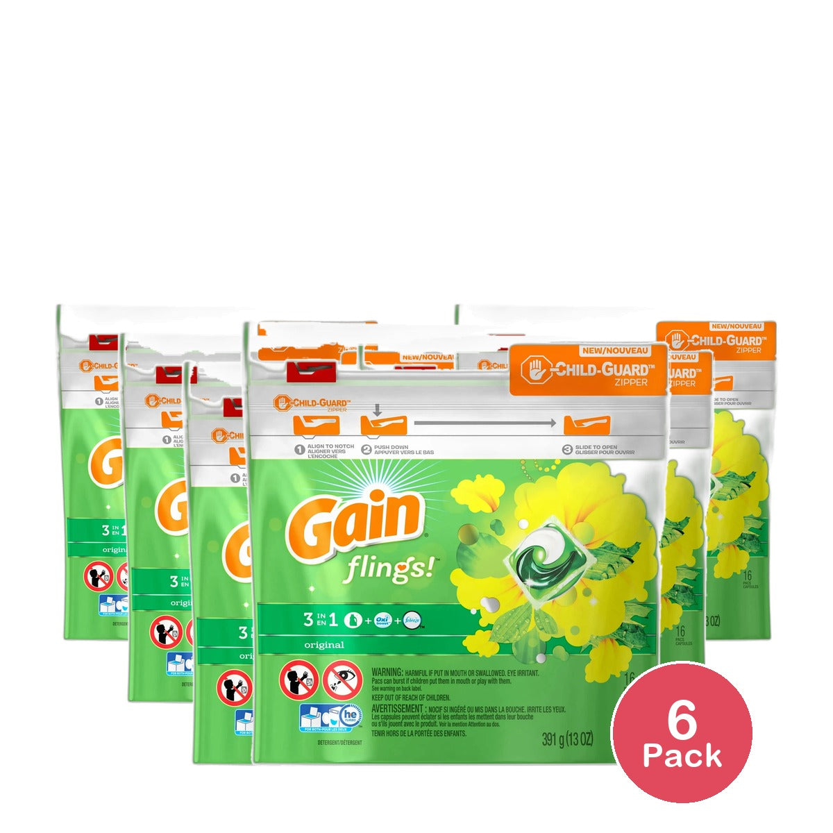 Gain Flings 3 in 1 Plus Aroma Boost Detergent Original 16 Pack Capsules 6 pack 13Oz (Pack of 6)