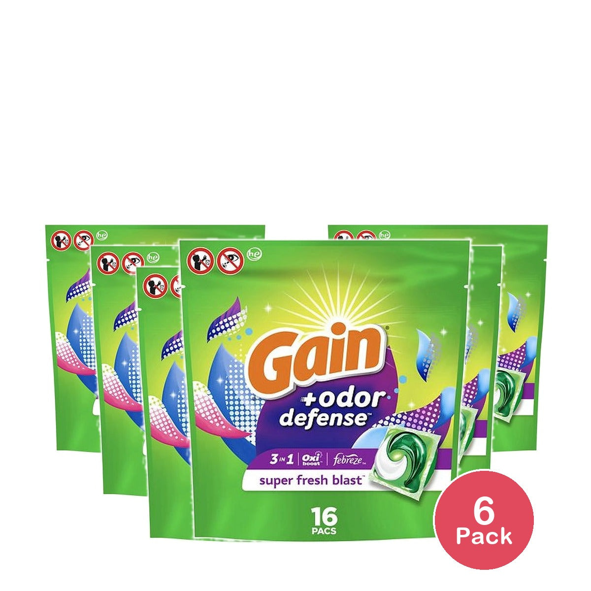 Gain Flings Laundry Detergent Pacs with Odor Defense, HE 3in1 with Febreze and Odor Defense (Pack of 6)