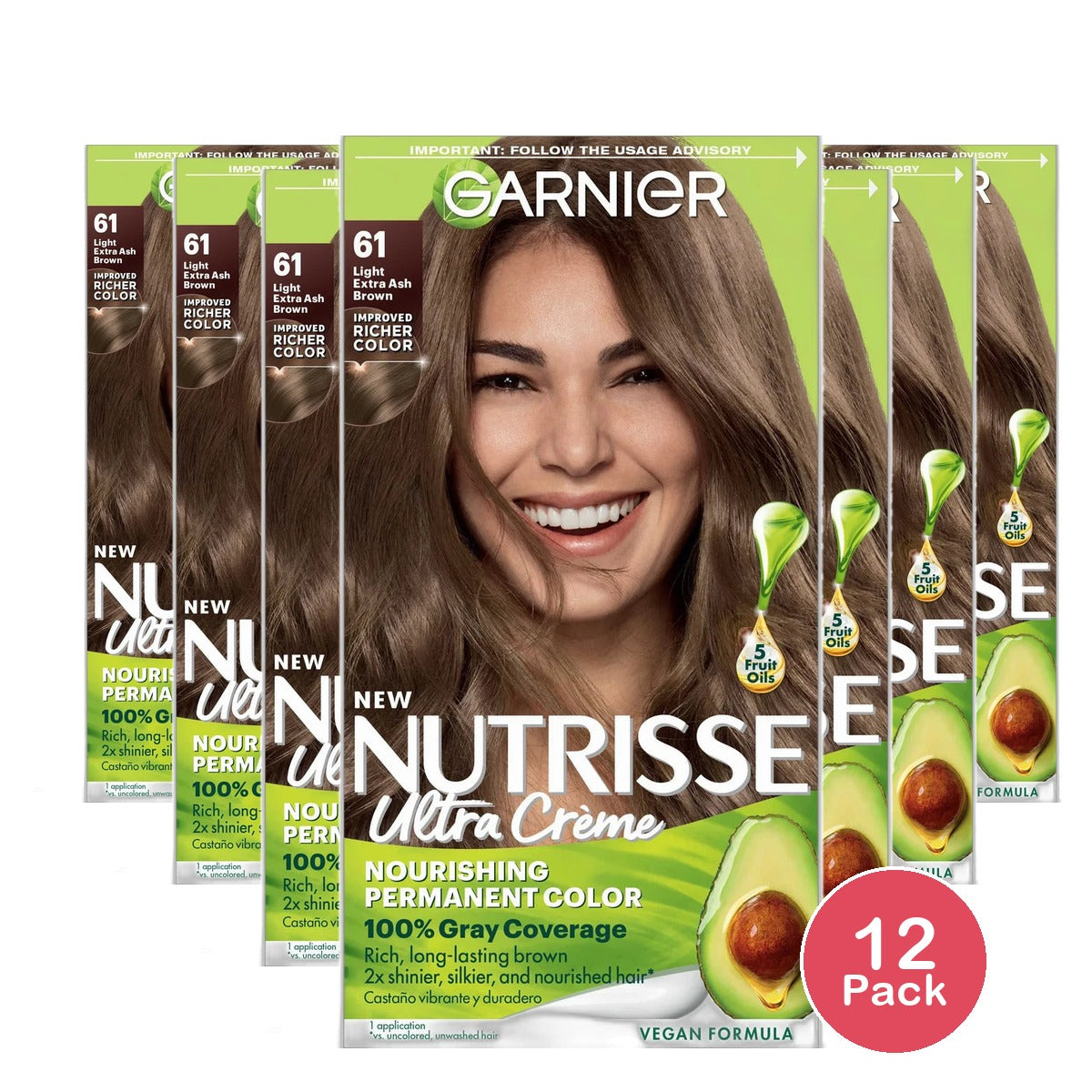 Garnier Nutrisse Nourishing Color Cream Permanent Haircolor Light Ash Brown 611 Kit 8.48oz (Pack of 12)