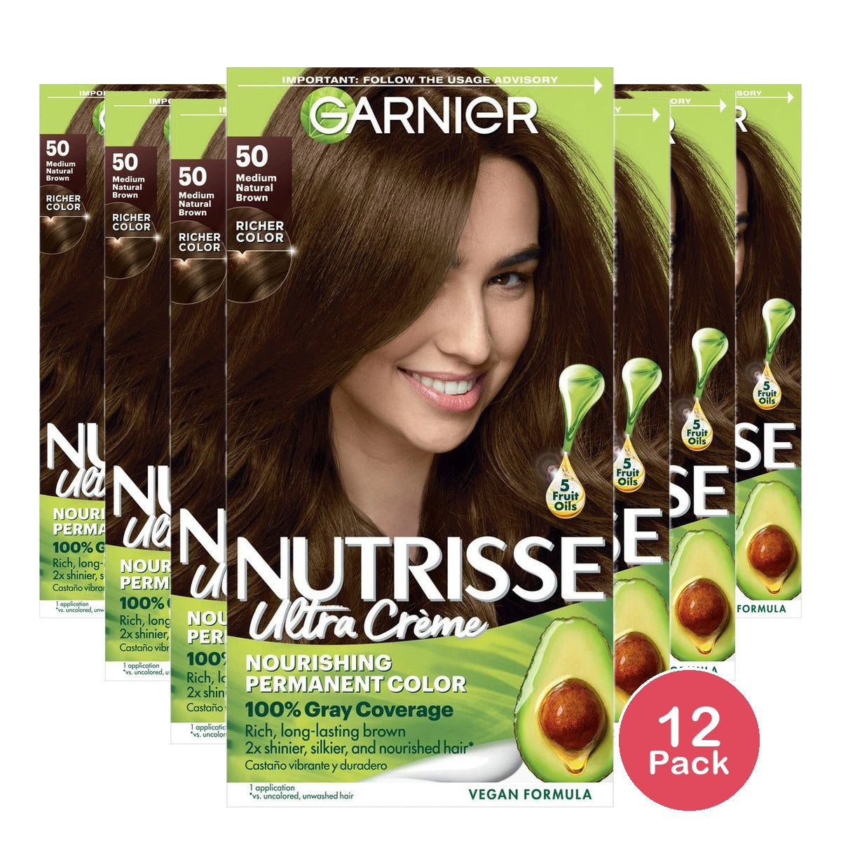 Garnier Nutrisse Nourishing Permanent Hair Color Creme - 50 Medium Natural Brown (Pack of 12)