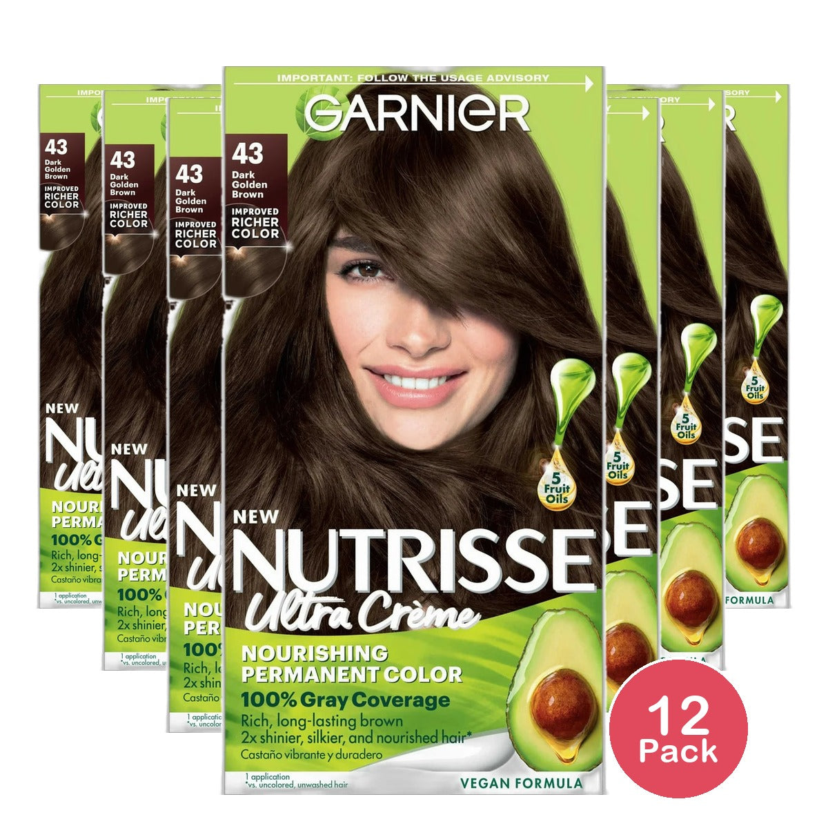 Garnier Nutrisse Permanent Nourishing Color Treatment With Cocoa Bean Dark Golden Brown # 43Kit 8.48oz (Pack of 12)