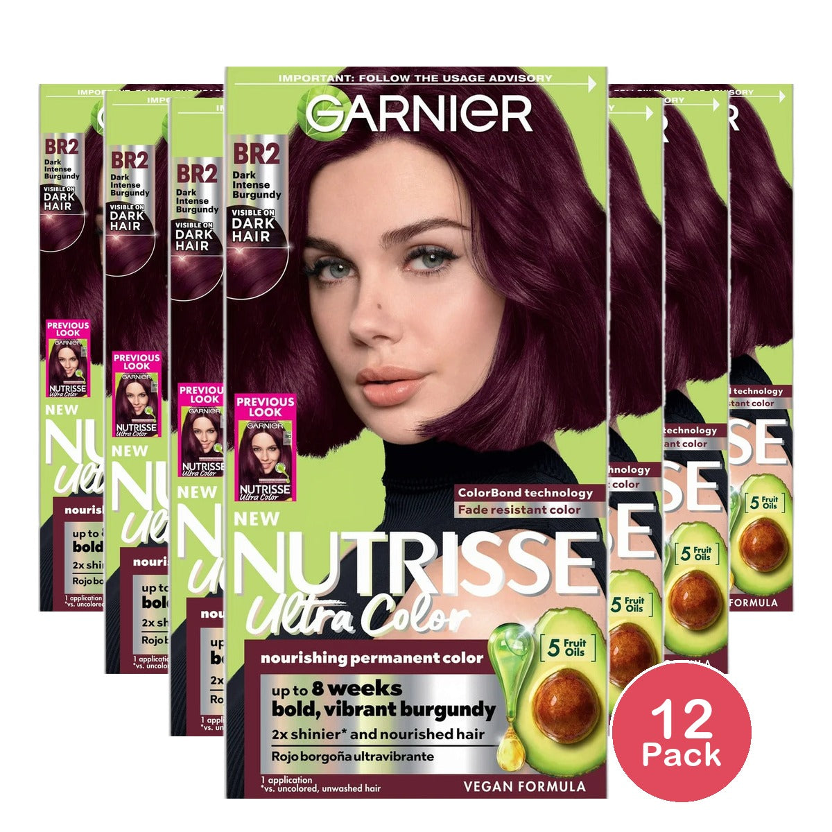 Garnier Nutrisse Ultra Color Nourishing Color Creme BR2 Dark Intense Burgundy 7.2Oz (Pack of 12)