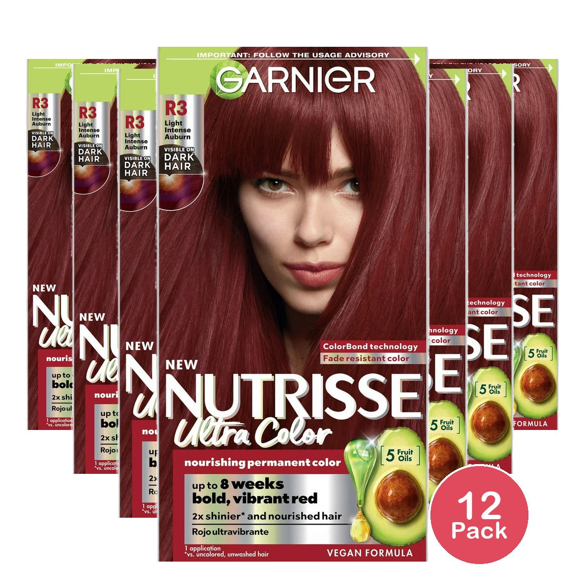 Garnier Nutrisse Ultra Color Nourishing Hair Color Creme R3 Light Intense Auburn 8.48oz (Pack of 12)