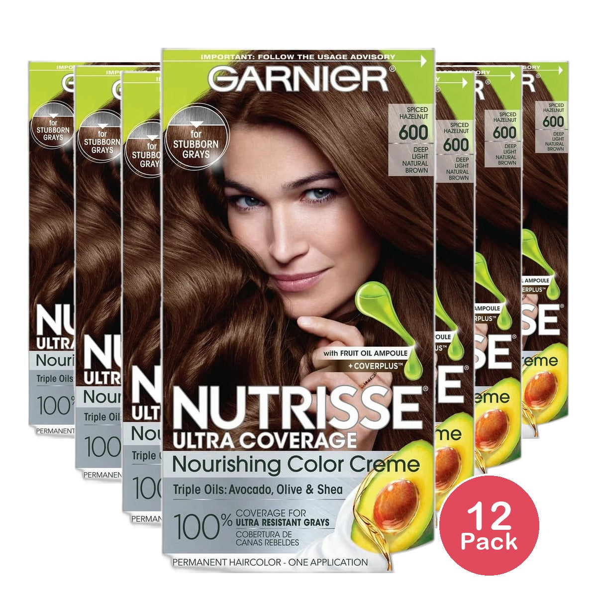 Garnier Nutrisse Ultra Coverage Nourishing Hair Color Creme 600 Deep Light Natural Brown 8.48oz (Pack of 12)