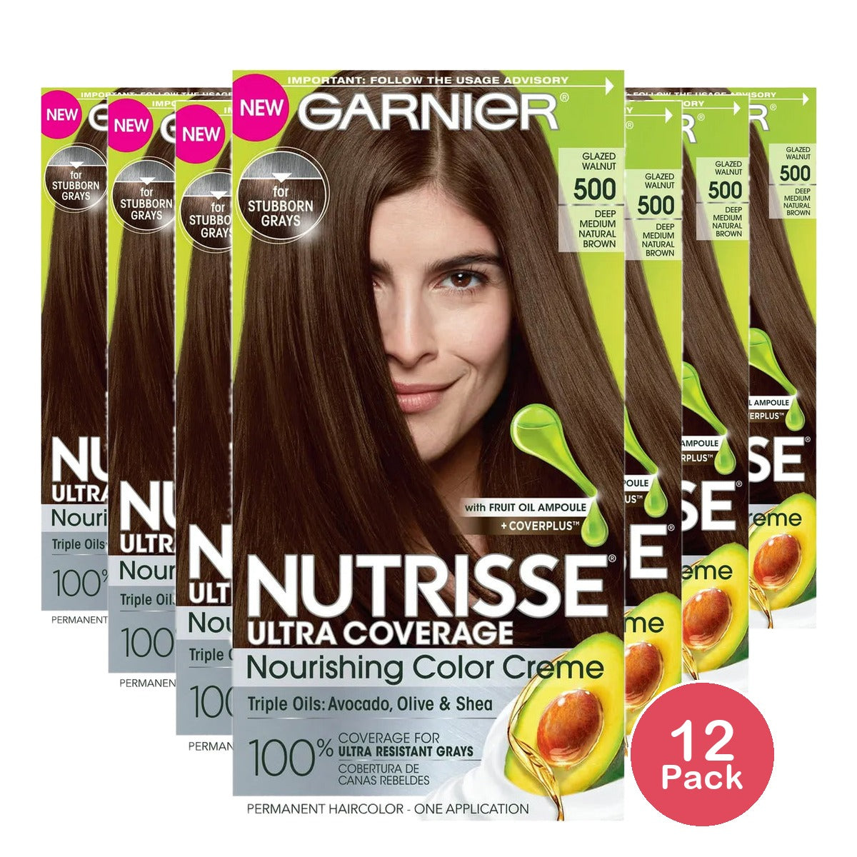 Garnier Nutrisse Ultra Coverage Nourishing Hair Color Creme Deep Medium Natural Brown 500 8.48oz (Pack of 12)