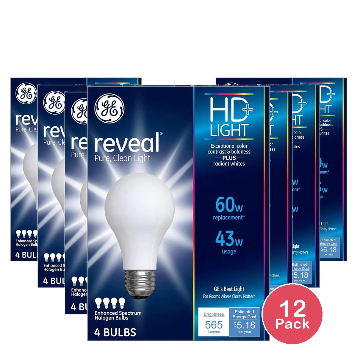 GE Lighting Reveal Clean Light Bulbs 43 Watt Enhanced Spectrum Halogen Bulbs 8.4Oz (Pack of 12)