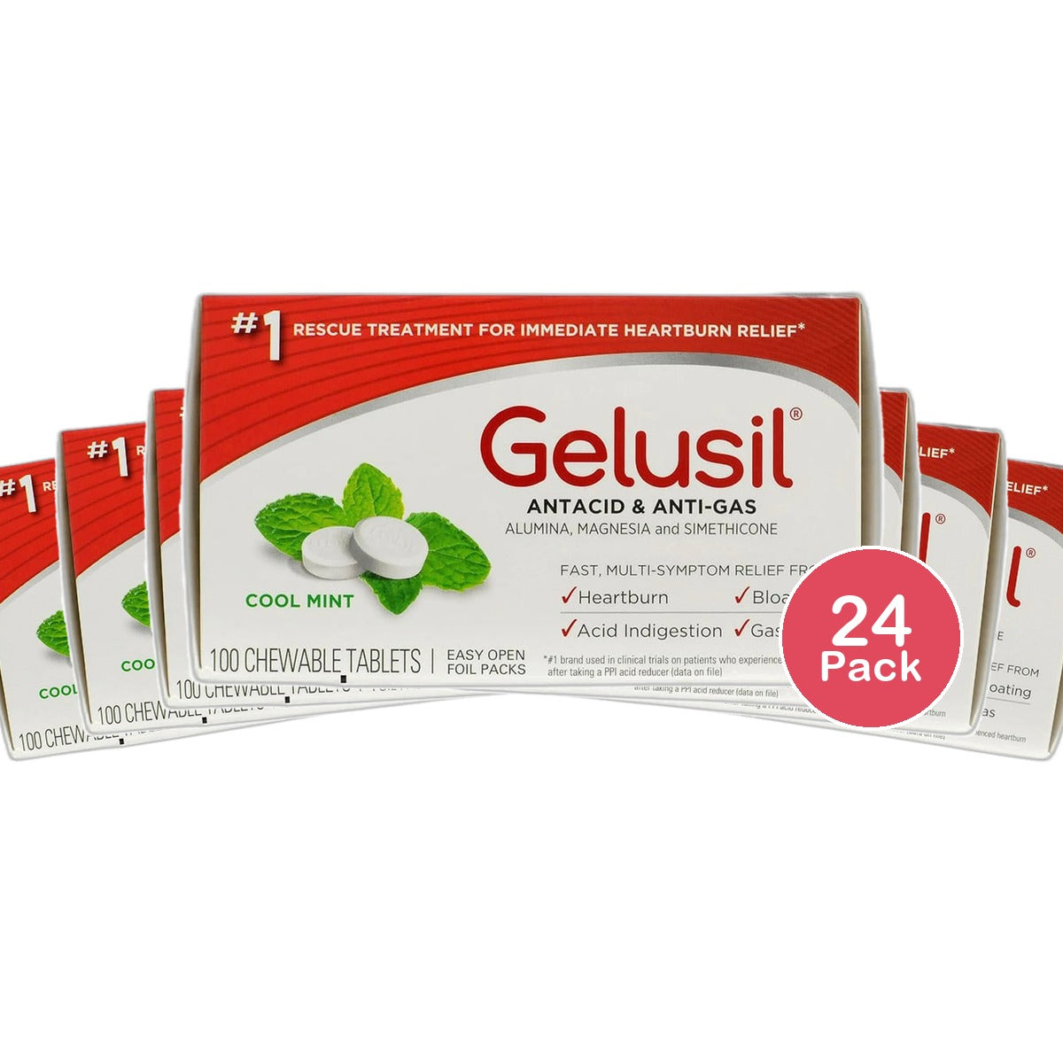 Gelusil Antacid Anti-Gas Tablets Peppermint Flavor 100 Each 5.6oz (Pack of 24)