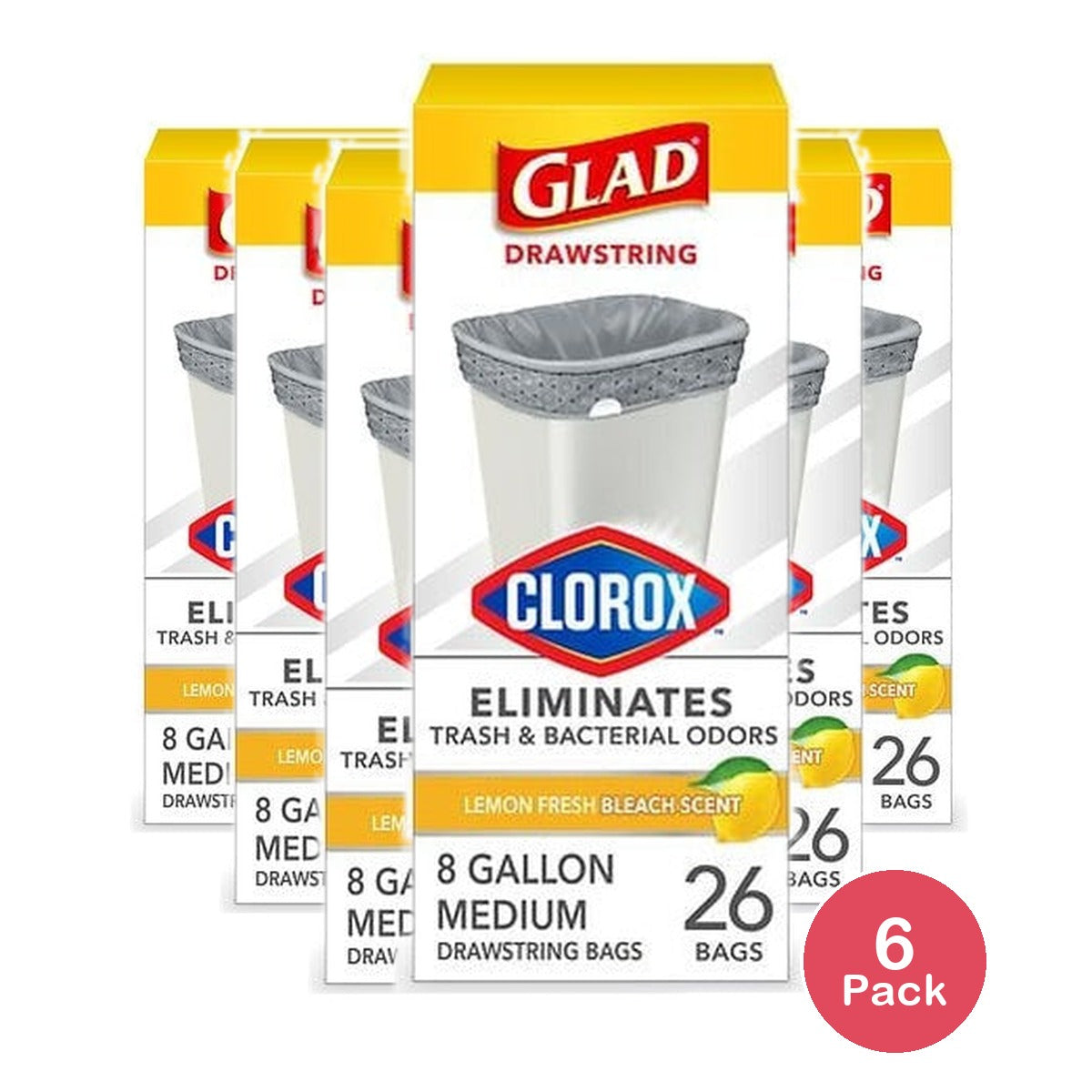 Glad Drawstring Medium Trash Bags 8 Gallon (Pack of 6)