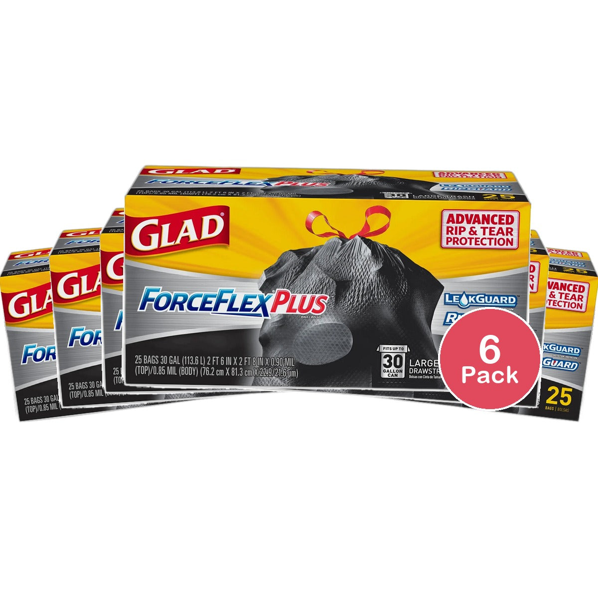 Glad ForceFlex Extra Strong Outdoor Drawstring Large Trash Bags  29.8 Oz (Pack of 6)