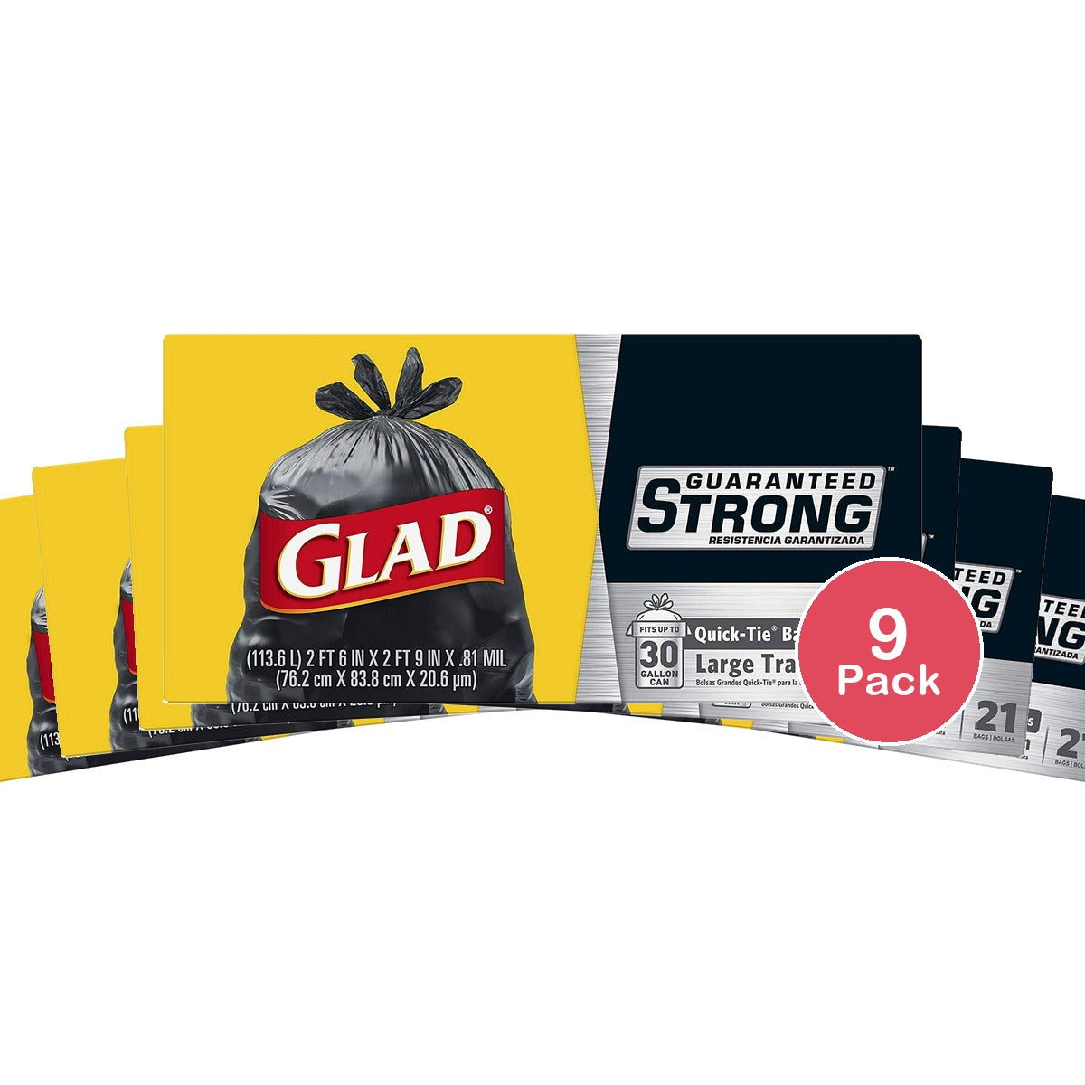 Glad Strong Quick-Tie Large Trash Bags, 30 Gallon, Black (Pack of 9)