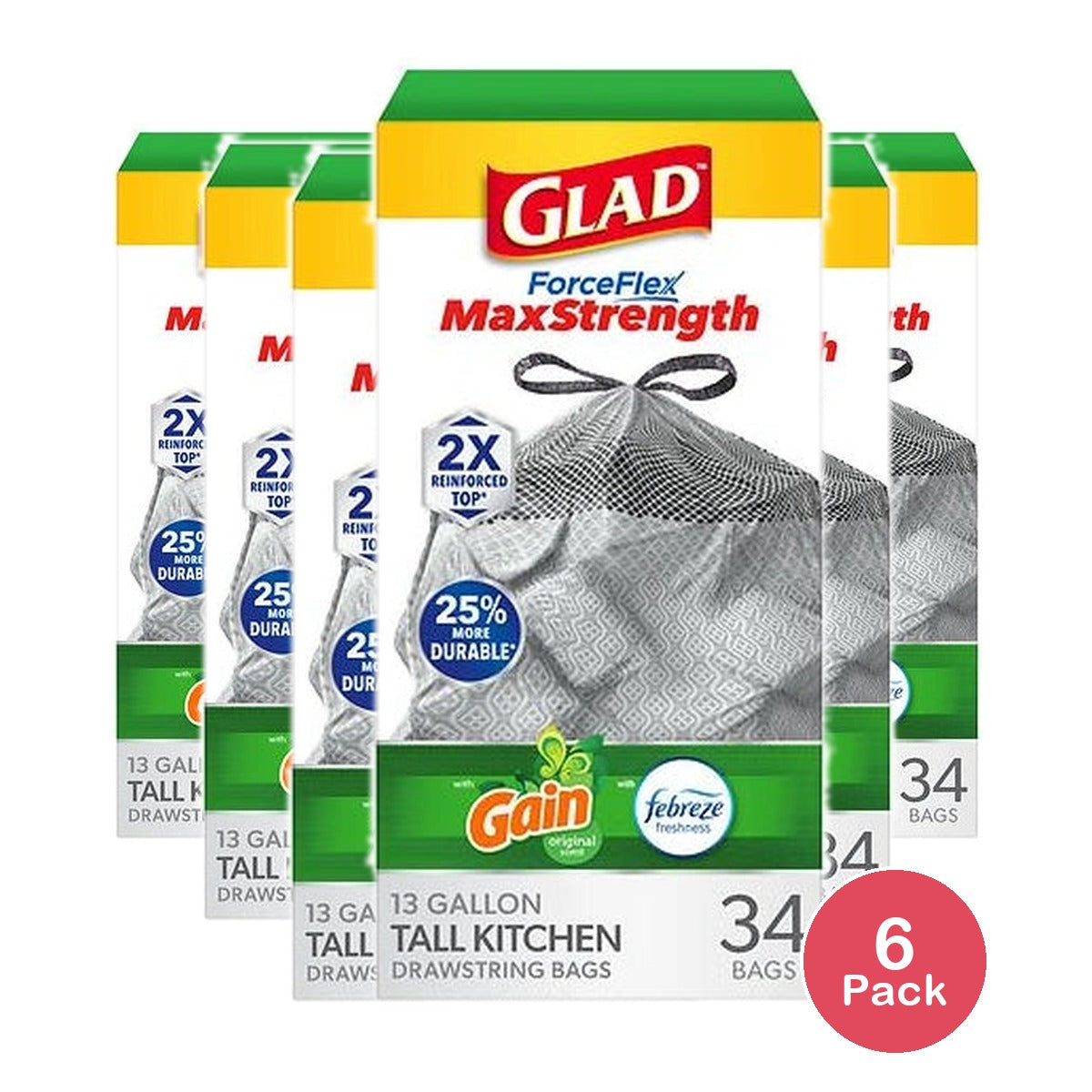 Glad Tall Kitchen Trash Bags 13 Gallon 34 Bags (ForceFlexPlus Gain Original) (Pack of 6)