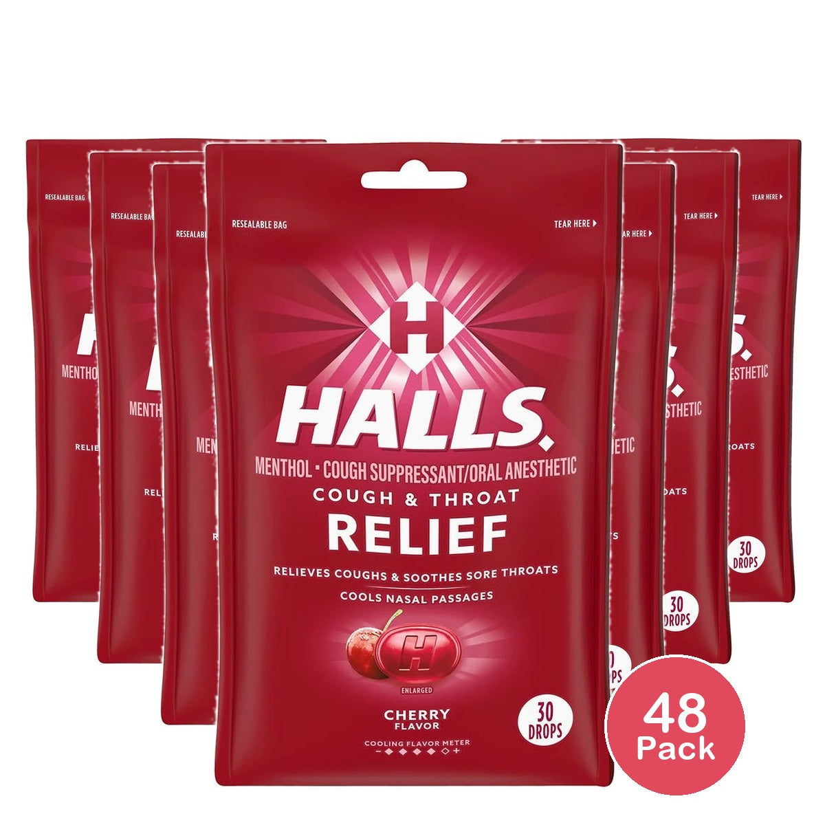 Halls Triple Action Cough Drops, Cherry, 30/Bag 3.04 Oz (Pack of 48)