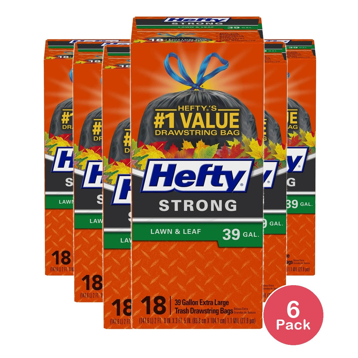 Hefty Strong Lawn & Leaf 39 Gallon Drawstring Trash Bags (Pack of 6)