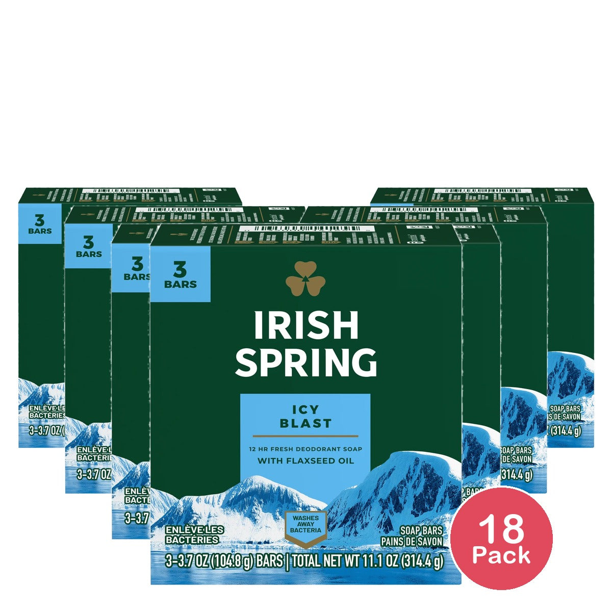Irish Spring Icy Blast Refreshing Bar Soap 3 Bar Pack 11.1 Oz (Pack of 18)
