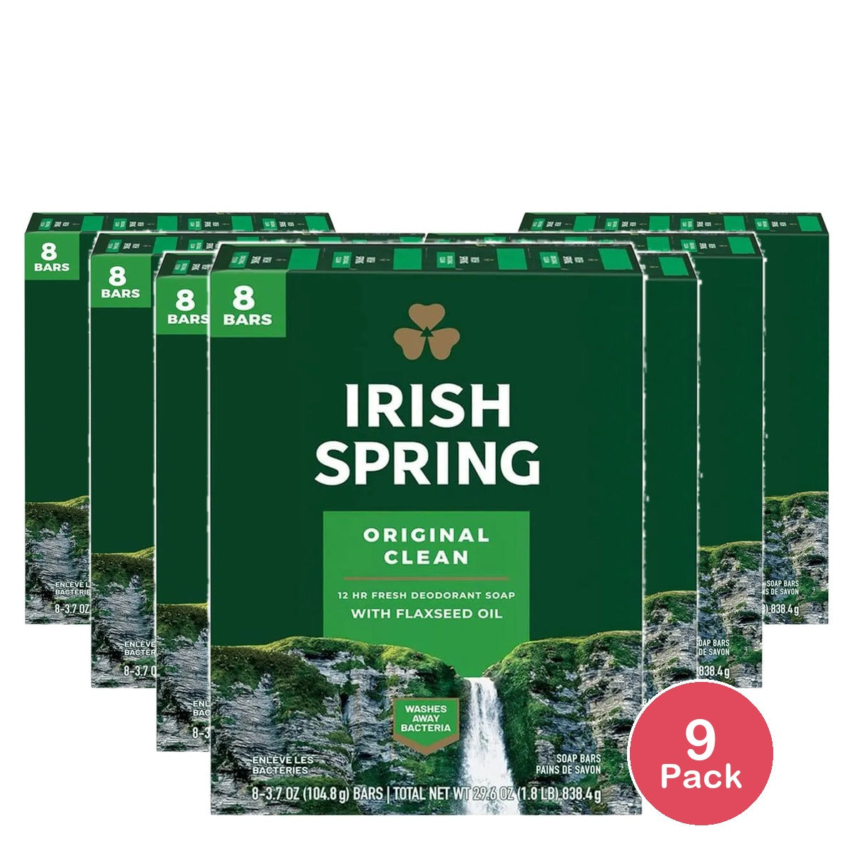 Irish Spring Original Clean Deodorant Bar Soap for Men 29.6Oz (Pack of 9)