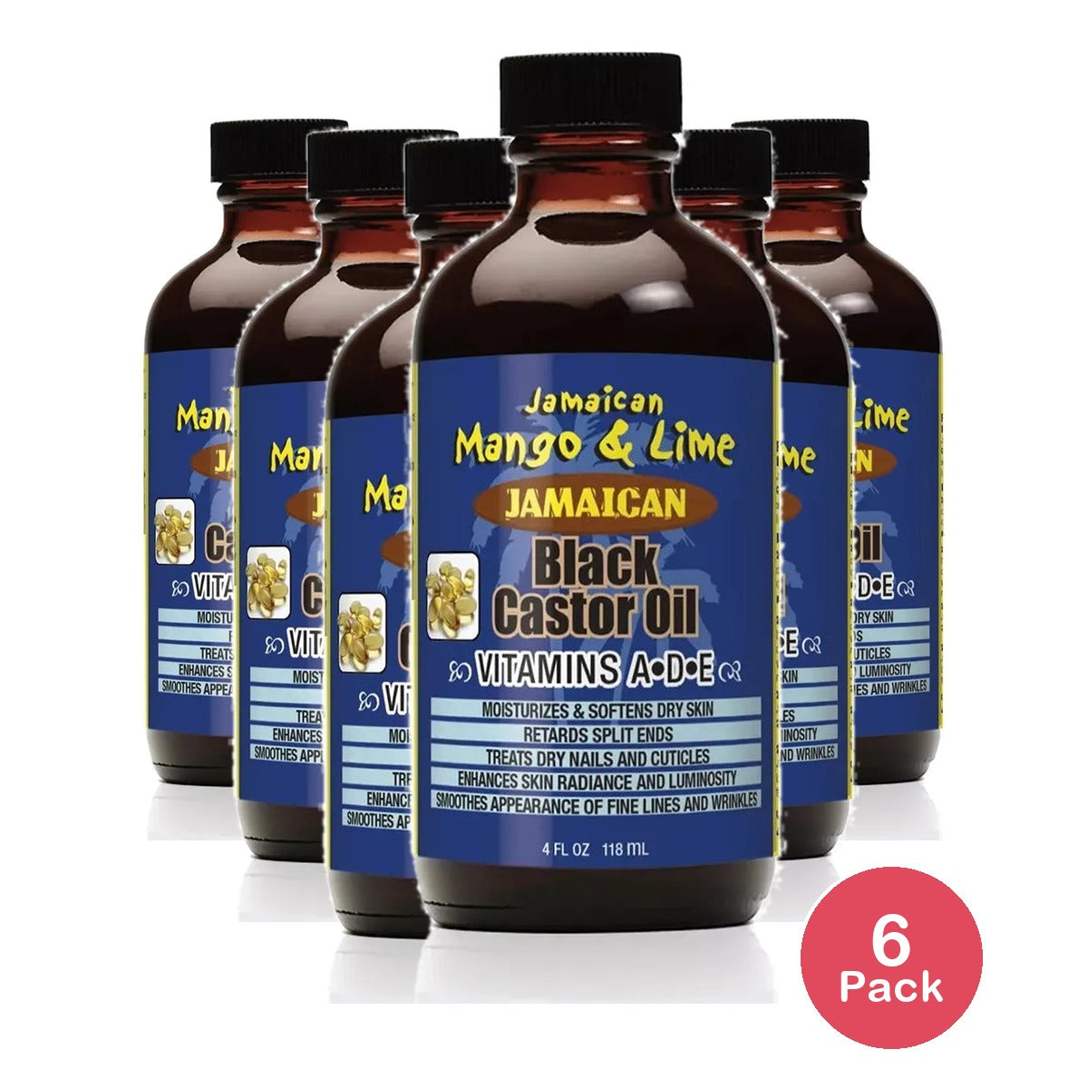 Jamaican Mango and Lime Black Castor Oil with Vitamins A D and E 4Oz (Pack of 6)