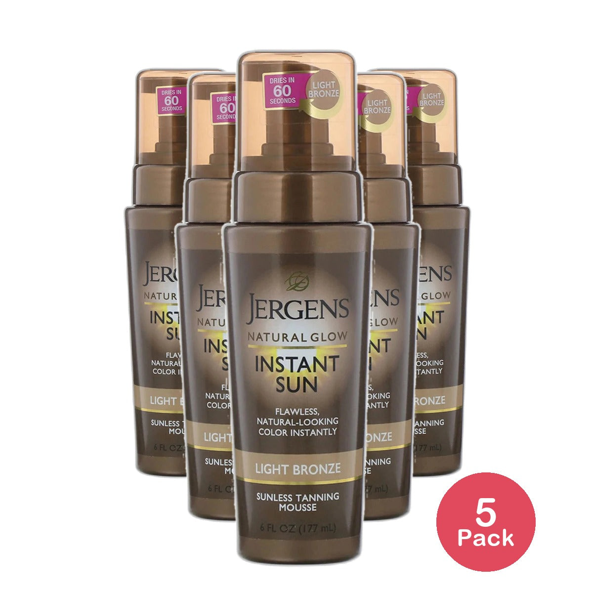 Jergens Natural Glow Light Bronze Instant Sun Sunless Tanning Mousse 6Oz (Pack of 5)